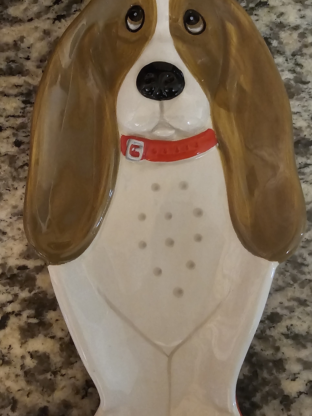 Brown and White Dog Ceramic Tray with Red Collar Accent